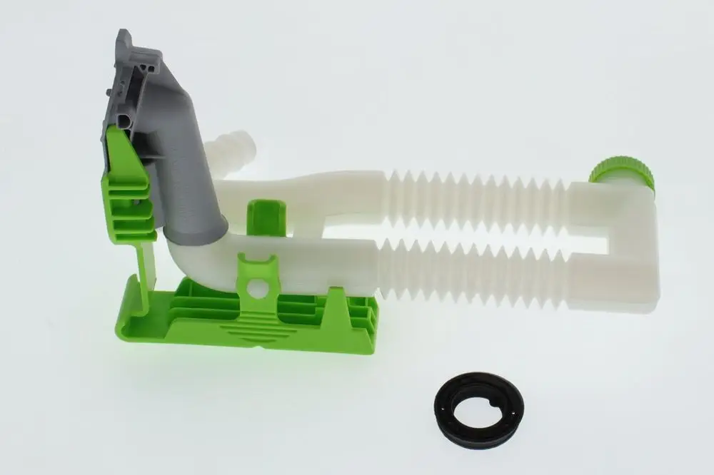Siphon-Konstruktion in Grau und Weiß mit grünen Elementen und einer schwarzen Dichtung. Für den Einsatz in Sanitärinstallationen geeignet, möglicherweise von Bosch.